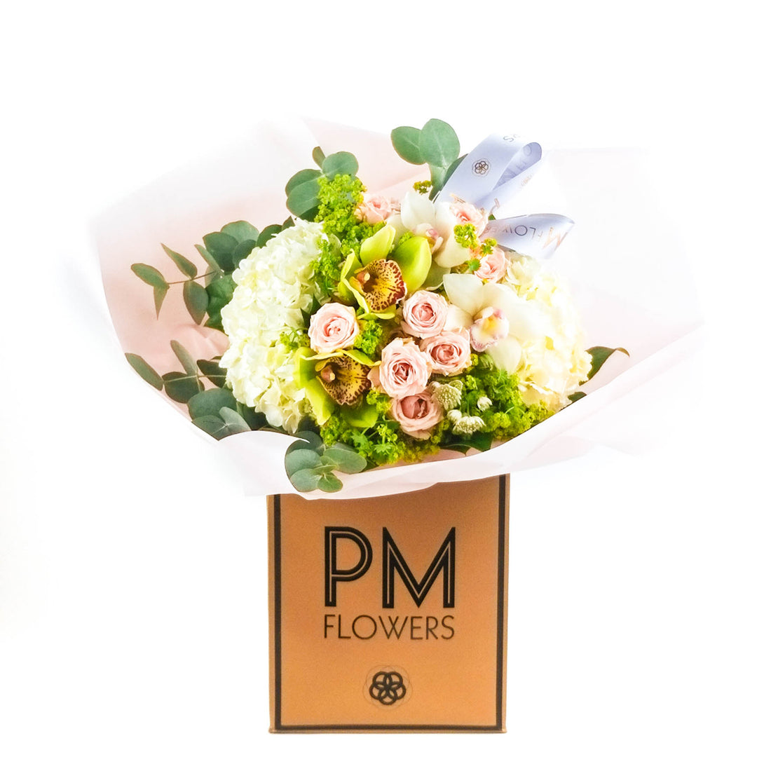 A bouquet of flowers containing white hydrangeas, pink spray roses, bupleurum, cymbidium orchids, and eucalyptus, presented in a wrapping with the brand &