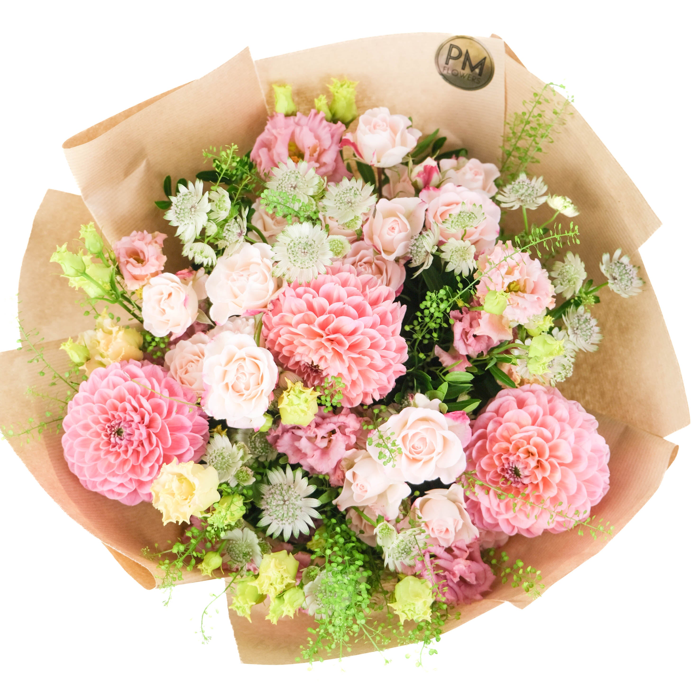 Bouquet of pink and white flowers wrapped in brown paper with a visible brand logo.
