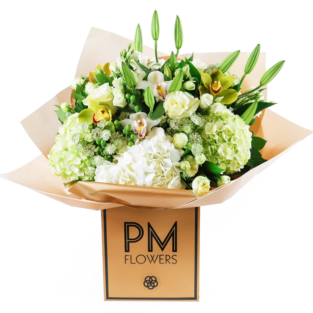 A bouquet of white and green hydrangea, astrantia, roses, and other flowers, arranged in a box with &