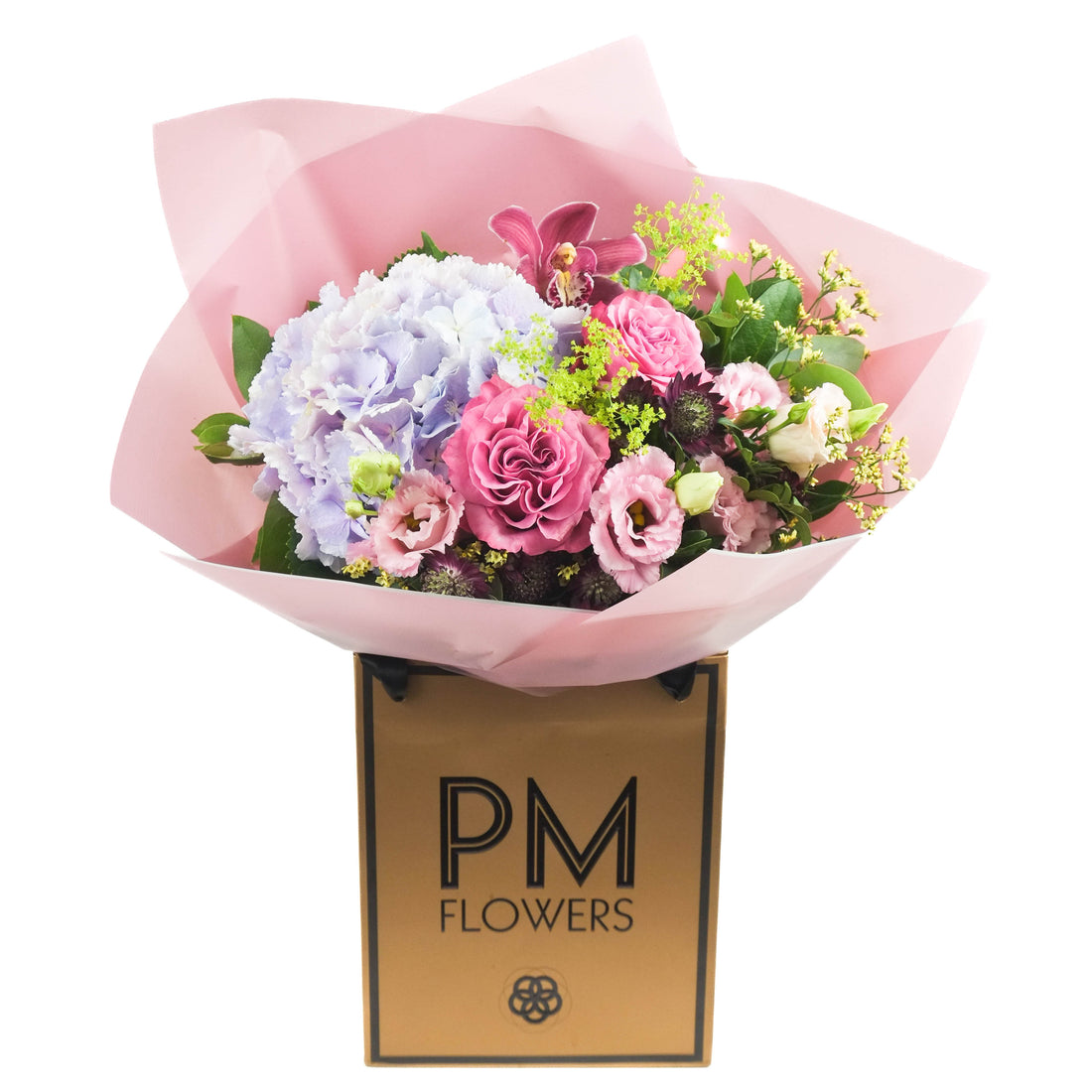 A bouquet of flowers containing lilac hydrangea, blousy lilac/pink roses, pink lisianthus, astrantia, limonium, and orchid, wrapped in pink paper and presented in a box with &