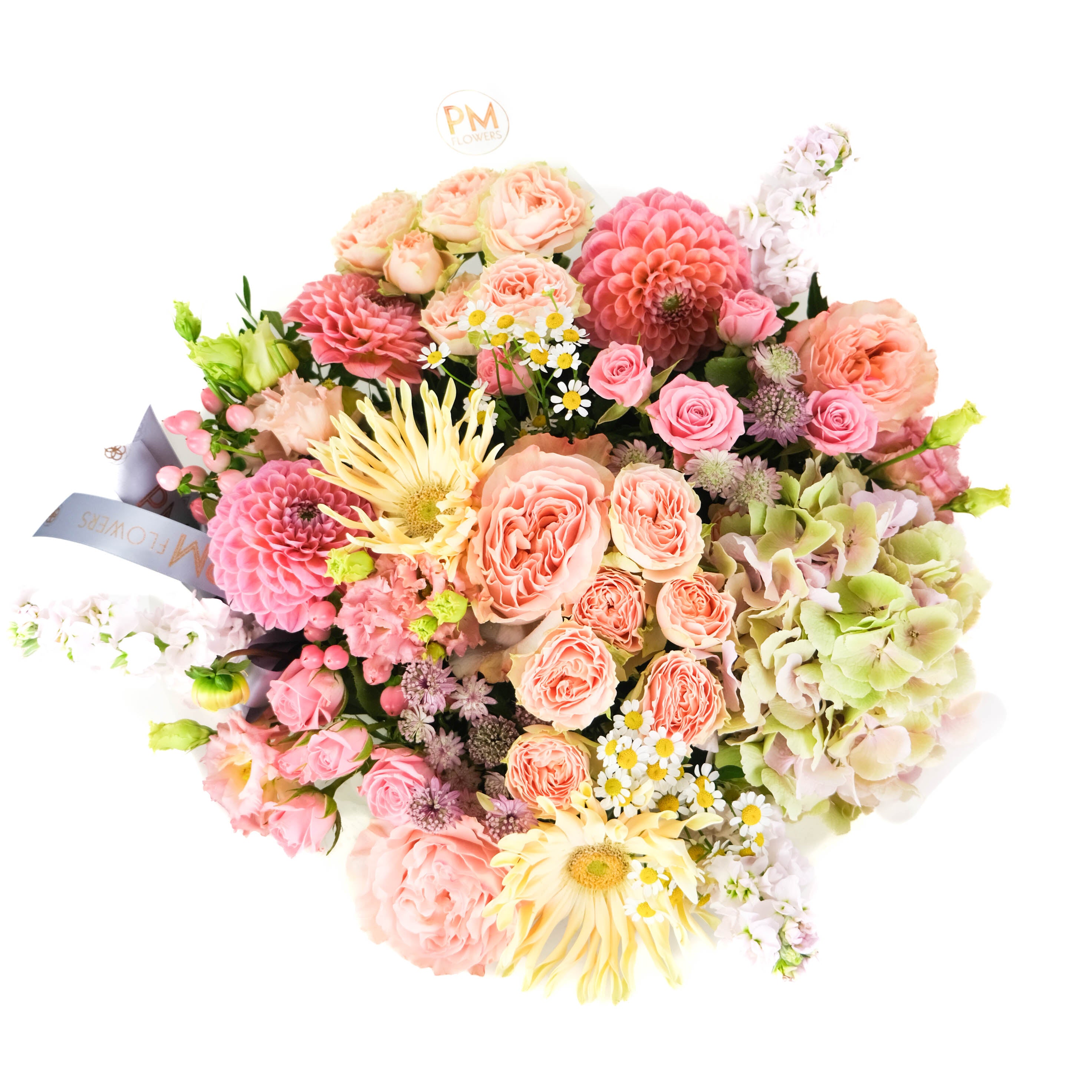 Bouquet of pinks, peaches, coral and green flowers with a white background