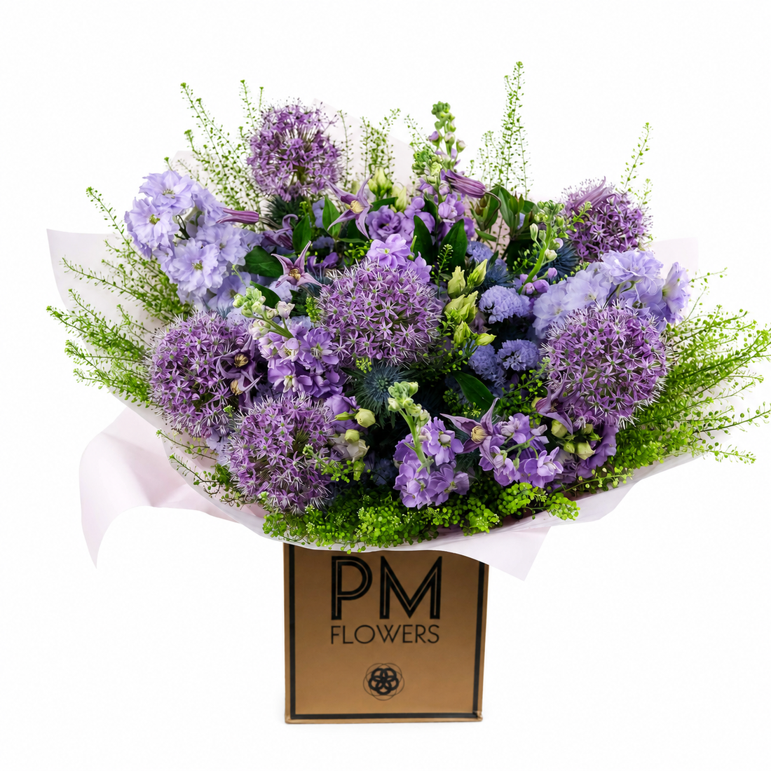Bouquet of purple flowers with greenery, branded &