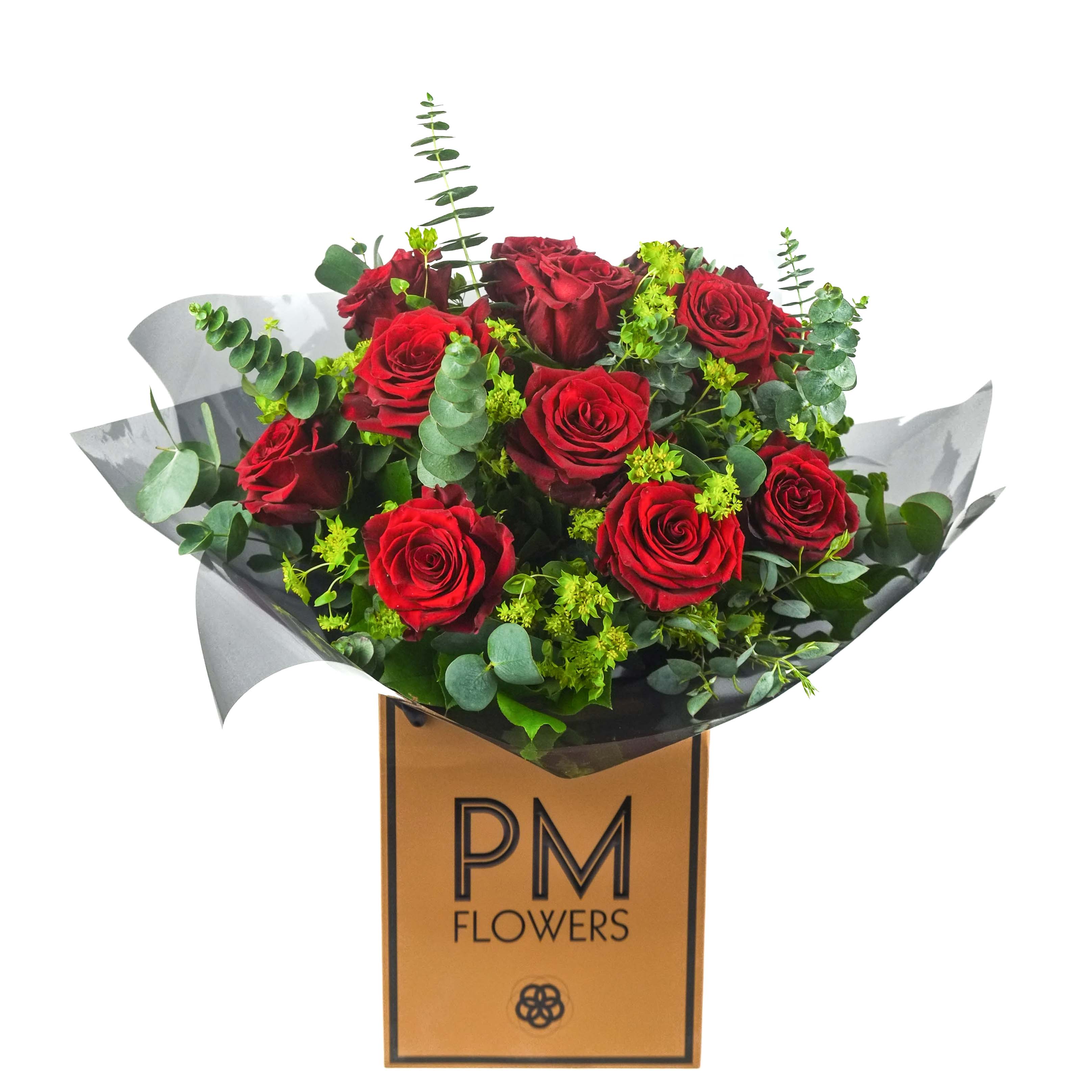 A bouquet of a Dozen red roses with green bupleurum and eucalyptus leaves, presented in a wrapping with the logo &