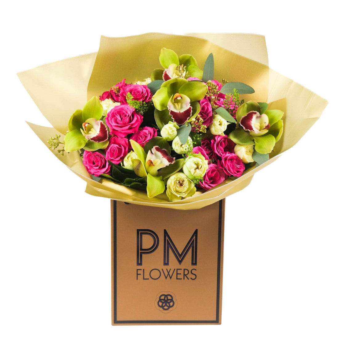 A bouquet of white and light purple spray roses with green and pink berried eucalyptus, green bell, and green cymbidium orchid heads, wrapped in yellow packaging with the brand &