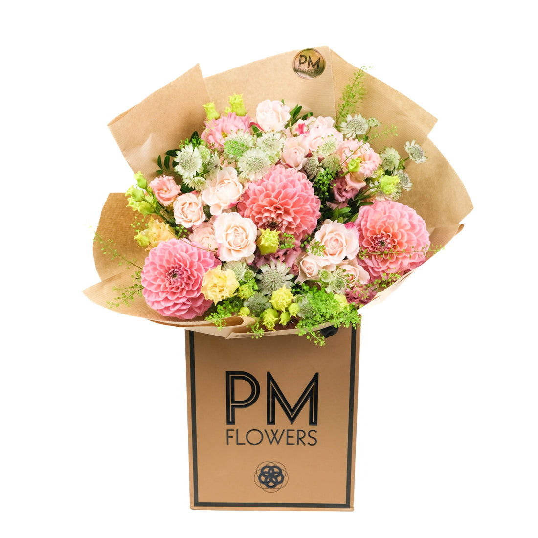 Bouquet of flowers wrapped in brown paper with PM Flowers branding on a white background