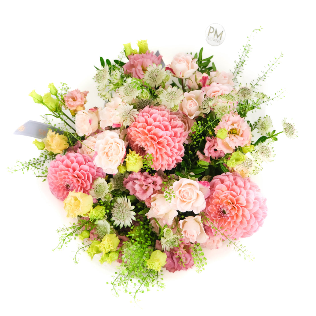 Bouquet of pink, yellow, and green flowers on a white background