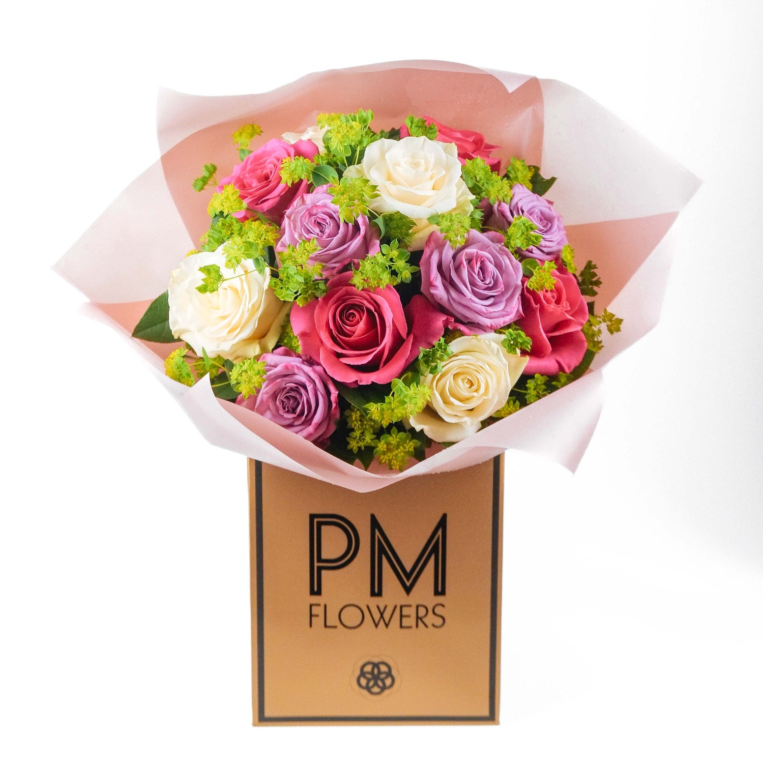 12 Roses in White, Cerice and purple 