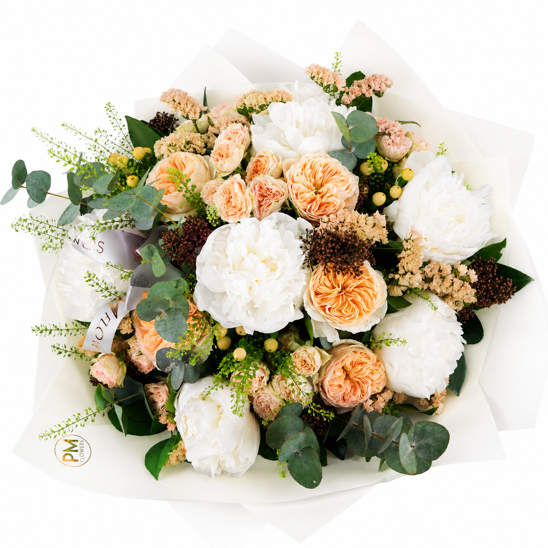 Bouquet of flowers with white, orange, and green colors on a white background