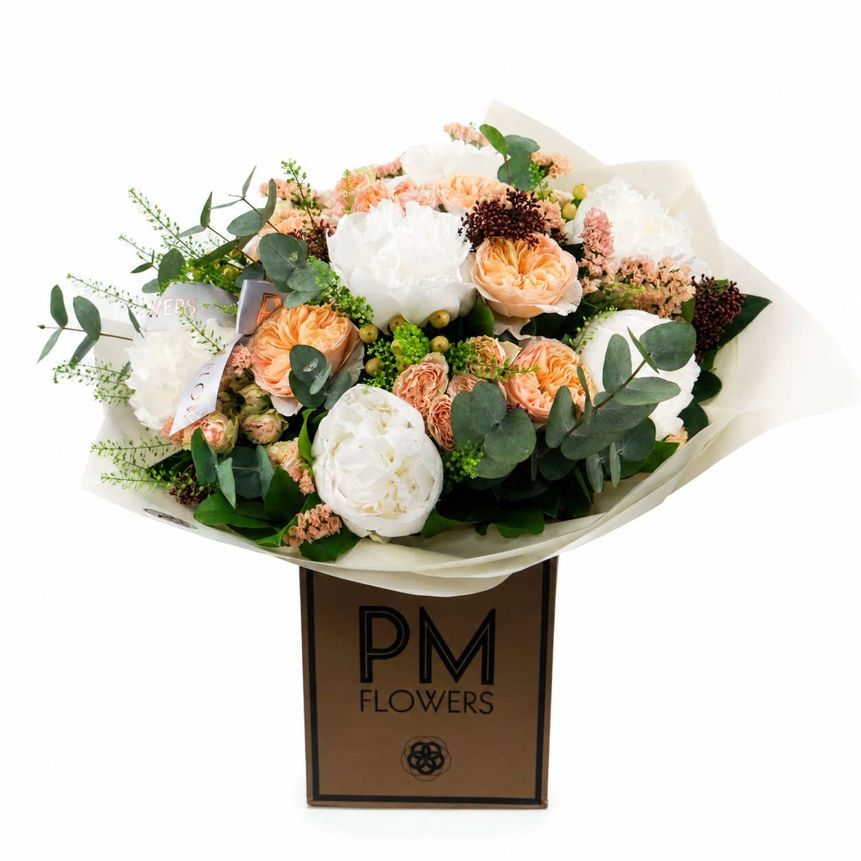 Bouquet of flowers with a PM Flowers box on a white background