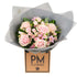 A bouquet of light pink flowers including roses and lisianthus, wrapped in grey paper with &
