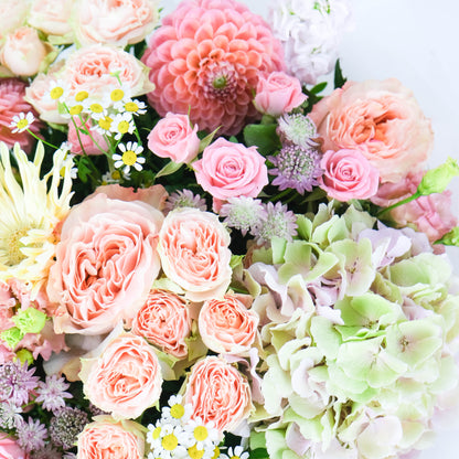 Bouquet of pink and green flowers with a white background