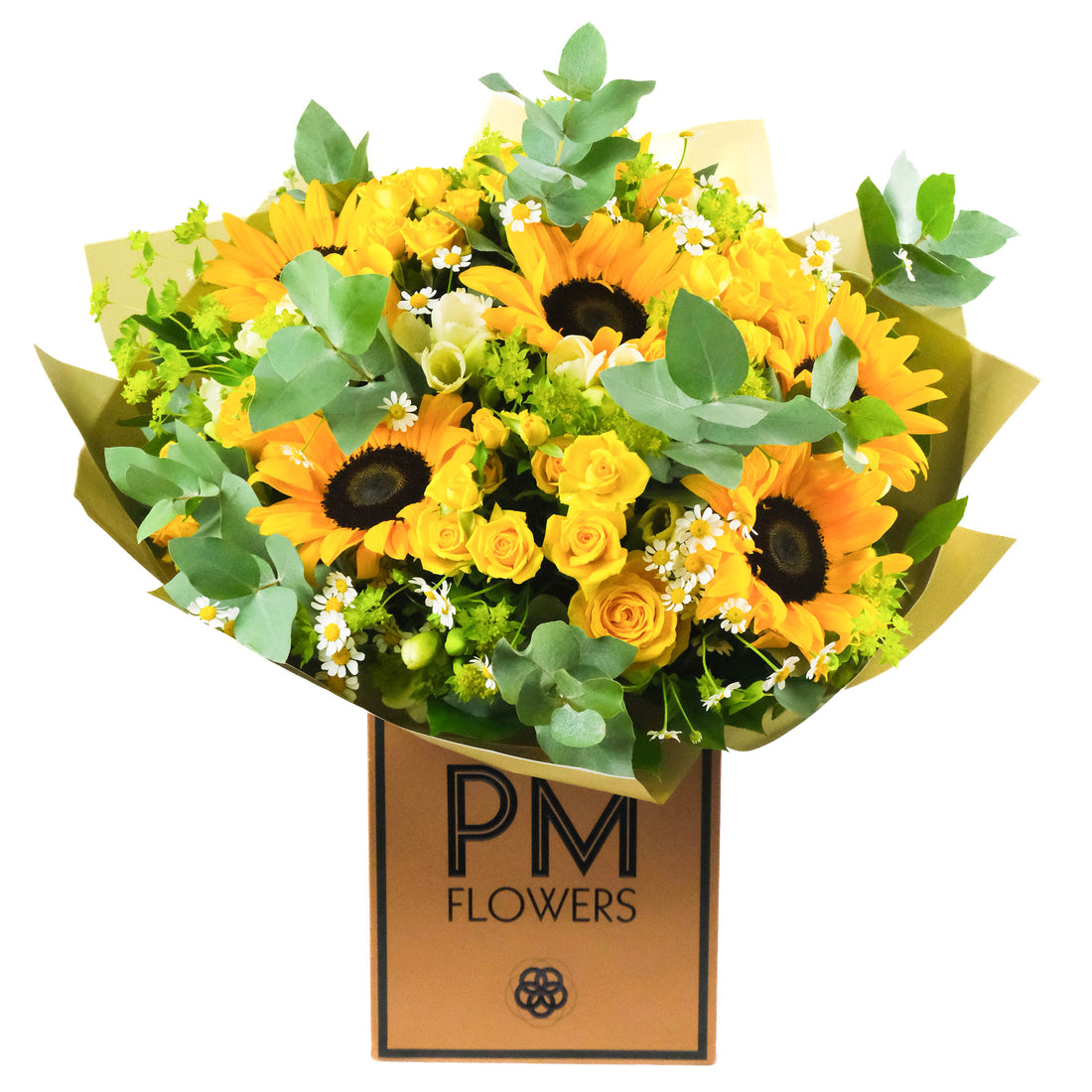 A vibrant bouquet of sunflowers, yellow spray roses, and various other flowers with green foliage, presented in a brown paper wrap with &