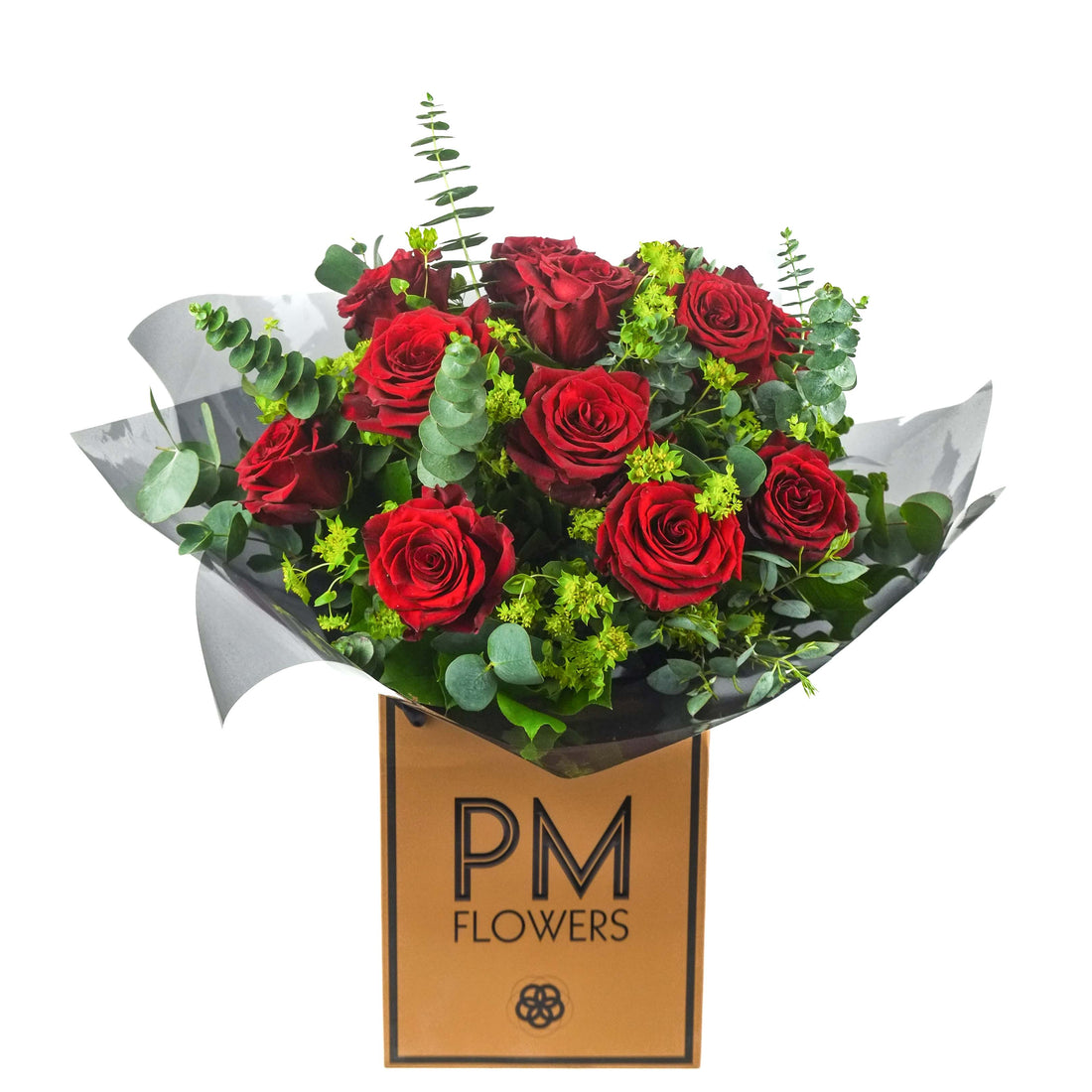A bouquet of a Dozen red roses with green bupleurum and eucalyptus leaves, presented in a wrapping with the logo &